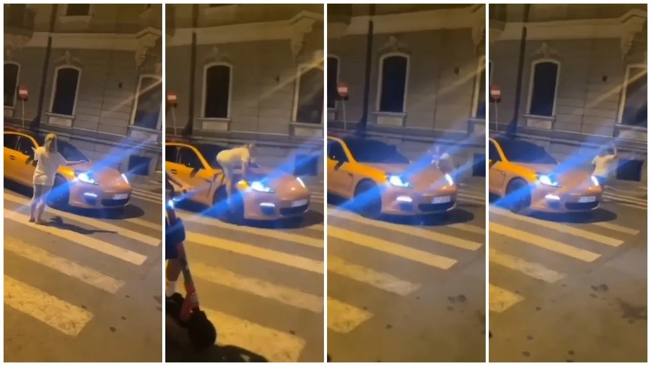 Femeie traversează pietonala în București, șoferul nu o lasă — ea urcă pe mașină